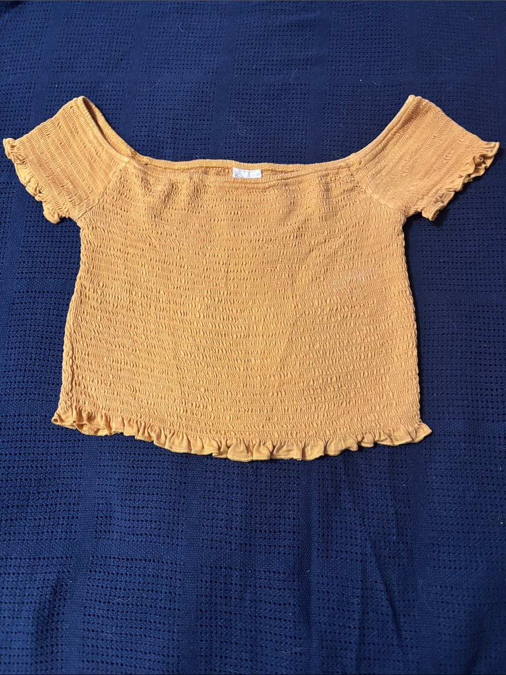 Essentials Mustard Smocked Off-Shoulder Crop Top